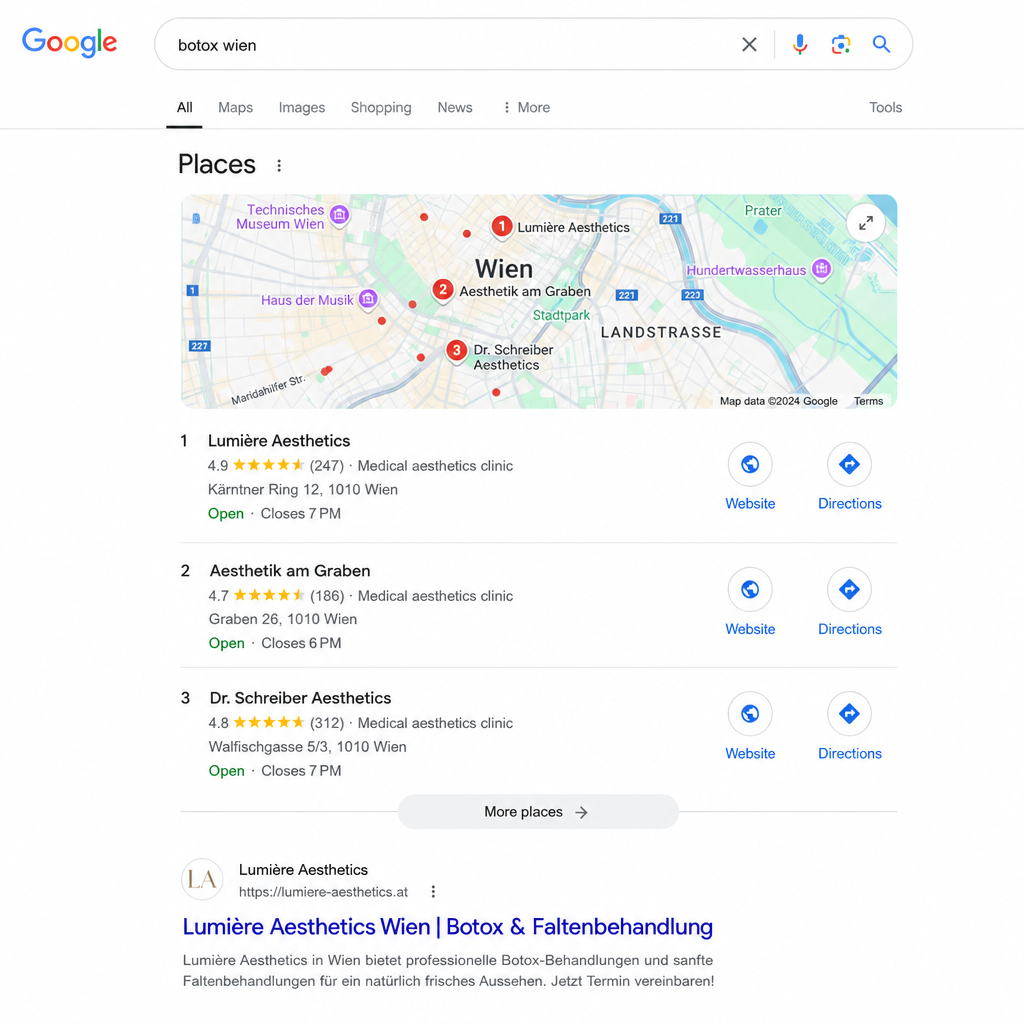 Google search results for "botox wien" showing Lumière Aesthetics at Map Pack #1